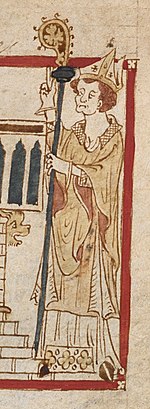 Représentation d'Augustin, détail d'une miniature d'un manuscrit du Roman de Brut, xive siècle, British Library. Source : wiki/Augustin de Cantorbéry/ domaine public