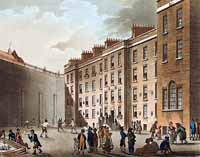 Eau-forte et aquatinte coloriées à la main, Le Raquet Ground de la prison de la Fleet vers 1808 par par Augustus Pugin et Thomas Rowlandson. 