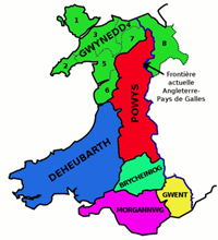 Le Royaume de Gwynedd (en vert). Celui-ci fut composé de plusieurs sous-royaumes. Selon les époques, le Powys et le Deheubarth firent partie du Gwynedd.