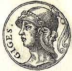 Gyges fondateur de la troisième ou dynastie Mermnad des rois Lydiens de 716 à 678 av. jc. (Image extraite de "Promptuarii Iconum Insigniorum" Edité par Guillaume Rouille)