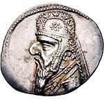 Pièce de monnaie à l'effigie de Mithridate II. Roi de Parthie de 123 à 88 av. jc