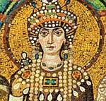 Théodora représentée sur une mosaïque de la basilique Saint-Vital à Ravenne, de 547. Source : Wiki/ Théodora (impératrice, épouse de Justinien Ier)/ licence : CC BY-SA 4.0