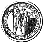 Sceau de Conrad II de Głogów Duc de Głogów de 1249 à 1251 et de 1273 à 1274. Source : wiki/ Conrad II de Głogów/ domaine public