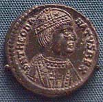 Profil de Théodat sur une pièce de monnaie frappée à Rome.