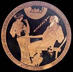 Briséis et Phénix, kylix attique à figures rouges, vers 490 av. jc, Paris, musée du Louvre. Source : wiki/Briséis/ domaine public