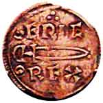 Pièce de monnaie émise sous Éric 1er de Norvège dit Éric à la Hache sanglante (British Museum). Source : wiki/ Éric à la Hache sanglante/ domaine public