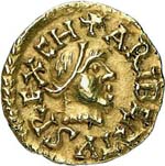 Tiers de sou d'or (trémissis) frappé à Banassac à l'effigie de Caribert II.