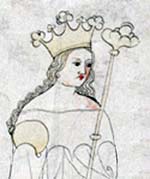 Judith de Habsbourg Reine de Bohême. Illustration dans la chronique de Zbraslav (Chronicon Aulae regiae), 14ème siècle. Source : wiki/Judith de Habsbourg/ domaine public