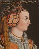 Portrait de Clémence de Habsbourg Reine consort de Hongrie de 1290 à sa mort datant du 16ème siècle. Source : wiki/Clémence de Habsbourg/ Domaine publ