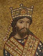 Roger II de Sicile, détail de la mosaïque « Roger couronné roi par le Christ », église de la Martorana, Palerme. Source : wiki/Roger II (roi de Sicile)/ domaine public