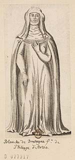 Présentation de Blanche de Bretagne réalisée pour François Roger de Gaignières (fin xviie / début xviiie siècle) d'après le gisant de son tombeau qui se trouvait dans l'église du couvent des Jacobins de Paris. Source : wiki/Blanche de Bretagne/ domaine public