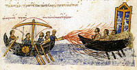 Feu grégeois, utilisé pour la première fois par la marine byzantine au cours des guerres entre Arabes et Byzantins.
