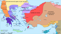 "Carte de l'Asie Mineure et des Balkans après 1204 ; le despotat d'Épire (1204–1479) est en orange. (source : wiki/Despotat d'Épire)"