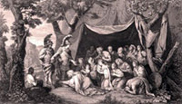 Gravure du 19ème siècle d'après une peinture de Charles Le Brun représentant Alexandre et Héphestion auprès de la mère de Darius III, la plus célèbre des fables clitarquiennes.