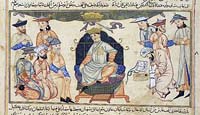 Couronnement de Barkiyaruq. Cette peinture est tirée du livre Jami 'al-Tawarikh (littéralement "Compendium des chroniques" mais souvent appelé l'histoire universelle ou l'histoire du monde), de Rashid al-Din Hamadani, publié à Tabriz, Iran, 1307