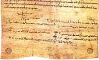 L'accord de Winchester, 1072. La signature de Thomas est à droite de celle de Lafranc. Source : wiki/ Thomas de Bayeux/ domaine public