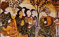 Joueur de oud dans un jardin. Miniature du Hadîth Bayâd wa Riyâd, manuscrit andalou, 13ème siècle. Source : wiki/Ziriab/ domaine public