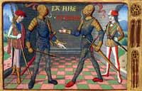 Étienne de Vignoles (« La Hire ») et Xaintrailles. Miniature issue du manuscrit de Martial d'Auvergne, Les Vigiles de Charles VII, vers 1484, BNF.