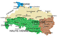 Carte linguistique de la Marche. Les dialectes de l'occitan présents : Marchois (beige), limousin (vert), auvergnat (marron). Les parlers d'oïl sont en bleu