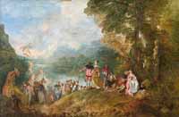 Watteau, Le Pèlerinage à l'île de Cythère (musée du Louvre). Source : wiki/ Cythère/ domaine public