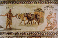 Icarios roi de Sparte (à gauche) avec une charrette transportant du vin