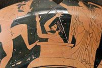 Eurysthée se réfugie dans une jarre alors qu'Héraclès lui apporte le sanglier d'Érymanthe. Face A d'une coupe attique à figures rouges d'Oltos, v. 510 av. J.-C. (musée du Louvre)