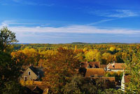 Rochefort-en-Yvelines et sa vue depuis l'église ; on distingue la mairie en bas à droite et la forêt à l'arrière-plan.