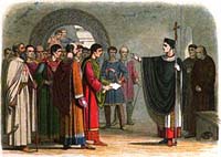 Thomas Becket interdit à Robert de Beaumont, 2ème comte de Leicester, et Reginald de Dunstanville, 1er comte de Cornouailles, de le condamner. Source : wiki/Robert II de Beaumont/ domaine public
