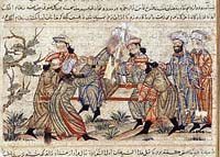 Assassinat de Nizam al-Mulk : Un agent des Ismailis à gauche, en turban blanc poignarde mortellement Nizam al-Mulk en 1092.