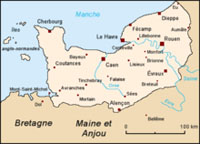 Carte de la Normandie historique, avec villes principales du 12ème siècle.