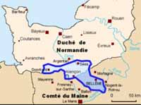 À cheval sur le duché de Normandie et le comté du Maine, la seigneurie de Bellême au milieu du 11ème siècle (en bleu). Source : wiki/ Seigneurie de Bellême/ licence : CC BY-SA 3.0