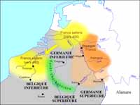 Les Francs entre 400 et 440. Les zones colorées et pâles indiquent les tentatives d'extension des deux peuples francs. Source : wiki/Francs/ licence : CC BY-SA 3.0