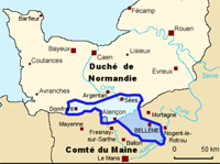 À cheval sur le duché de Normandie et le comté du Maine, la seigneurie de Bellême au milieu du 9èmesiècle (en bleu)