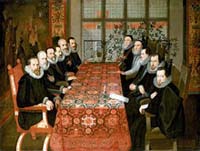 La Conférence du 19 août 1604. Délégation espagnole à gauche, délégation anglaise à droite. (musée maritime à Greenwich)