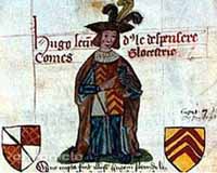 Hugues le Despenser, représenté en tant que comte de Gloucester, titre qu'il revendique au nom de son épouse (Enluminure tirée du « Livre des fondateurs et bienfaiteurs » de l'abbaye de Tewkesbury). Source : wiki/ Hugues le Despenser/ domaine public