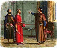 Humphrey de Bohun et Roger Bigot face au roi Édouard (illustration de la fin du 19ème siècle). Source : wiki/Roger Bigot (5e_comte de Norfolk)/ domaine public