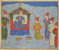 Batu Khan sur le trône de la Horde d'or Représenté par Rashid al-Din. Source : wiki en espagnol/ Batú Kan/ domaine public 