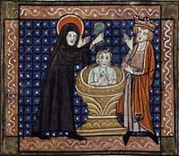Baptême de Sigebert III. Jacobus De Voragine et enluminé par Richard De Montbaston, legenda aurea, 1348.