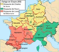 Projet de partage de l'Empire carolingien en 806 avec en jaune le royaume prévu pour chartes le jeune