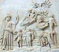 Création de l'homme par Prométhée (Athéna se tient à gauche), bas-relief en marbre, Italie, 3ème siècle, musée du Louvre