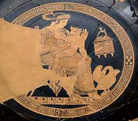 Pasiphaé et le Minotaure, kylix attique à figures rouges, -340—320, Cabinet des médailles de la Bibliothèque nationale de France