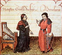 Guillaume Dufay et Gilles Binchois (à droite). Enluminure extraite de Martin Le Franc, « Champion des dames » (Arras 1451) (BNF)