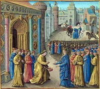 Raymond de Poitiers accueillant Louis VII à Antioche, d'après une enluminure de Jean Colombe pour Les Passages d'oultre mer de Sébastien Mamerot, vers 1473-1474