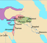 Carte des possessions de Zengi (en vert). Source : wiki/Zengides/ Auteur Odéjea