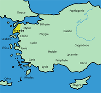Carte de la Troade près de l'Hellespont (détroit des Dardanelles). La Dardanie se trouve à peu près au milieu de la carte, entre Troie et Abydos.
