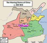 Les royaumes combattants vers 260 av. jc ; le Chu est en vert (source : wiki/Chu (État) 