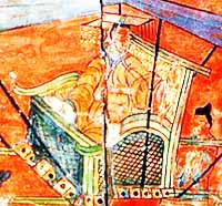 Registre montrant l'empereur Cheng de la dynastie Han assis sur son palanquin. La peinture recadrée fait partie d'un paravent en bois à quatre panneaux mesurant 81,5 cm de hauteur ; de la tombe de Sima Jinlong à Datong, province du Shanxi.