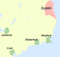 Le royaume de Dublin (en rouge) et les autres colonies vikings d'Irlande (en vert).