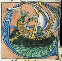 "Bohémond et Daimbert, patriarche de Jérusalem, naviguant pour les Pouilles, dans un navire battant la croix de St George."
