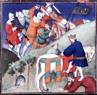 Romain IV et Alp Arslan lors de la Bataille de Manzikert (1071). Boccace, De casibus (traduction Laurent de Premierfait), France, Paris, 15ème siècle